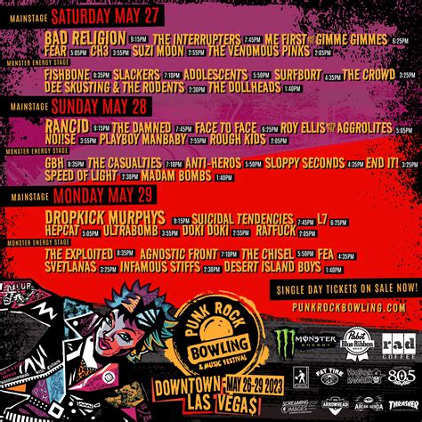 120 bands over 4 days Get ready We're heading back to the Downtown Las Vegas Events Center for Memorial Day Weekend 2024, from May 24th to 27th. . Participation lineup for punk rock bowling music festival 2023